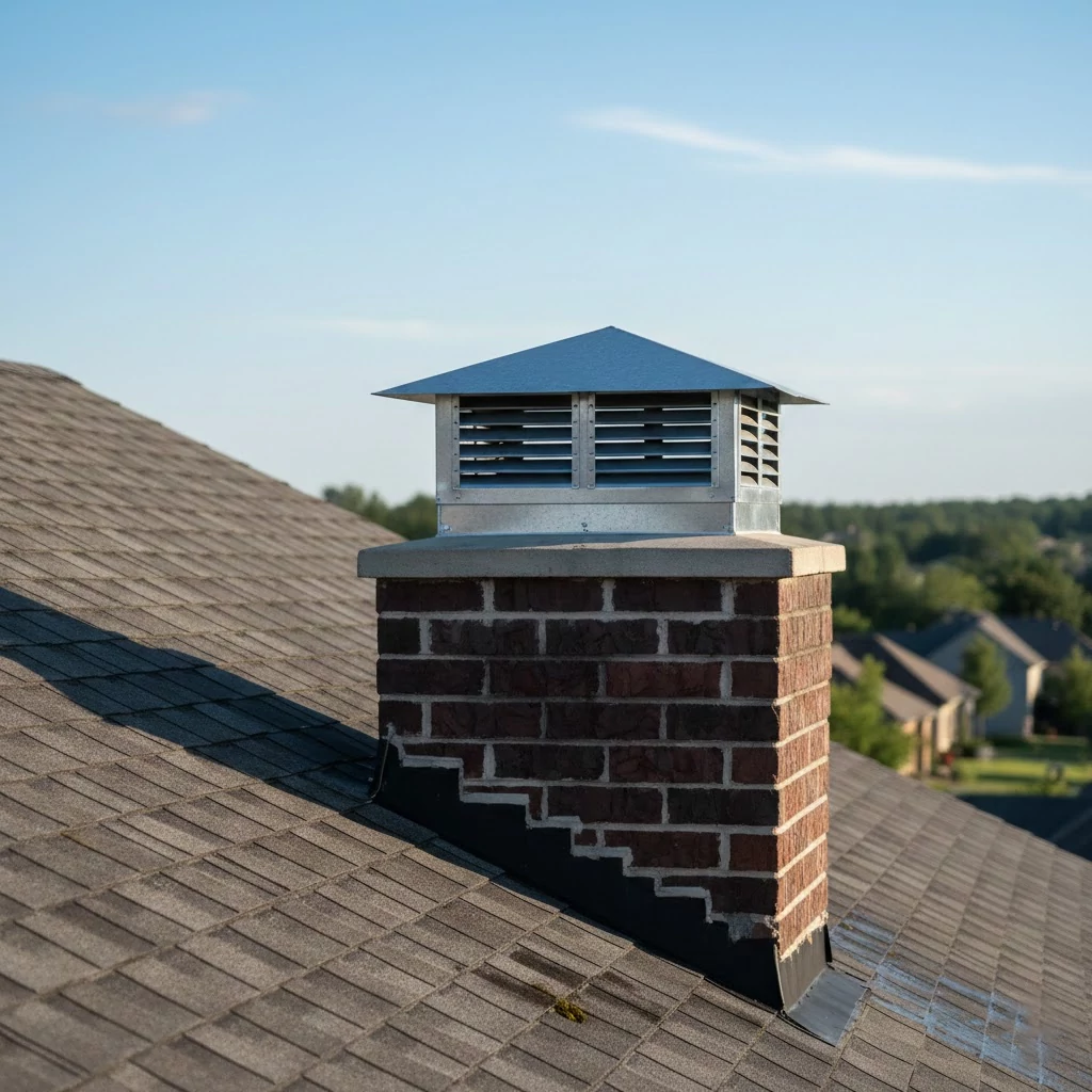 Murowany komin wentylacyjny z czerwonej cegły na dachu krytym gontem bitumicznym, zwieńczony metalową nasadą z żaluzjami wspomagającą wentylację grawitacyjną.